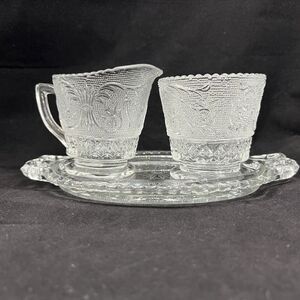Duncan Miller Glass Sandwich Clear Mini Creamer Sugar Tray Set